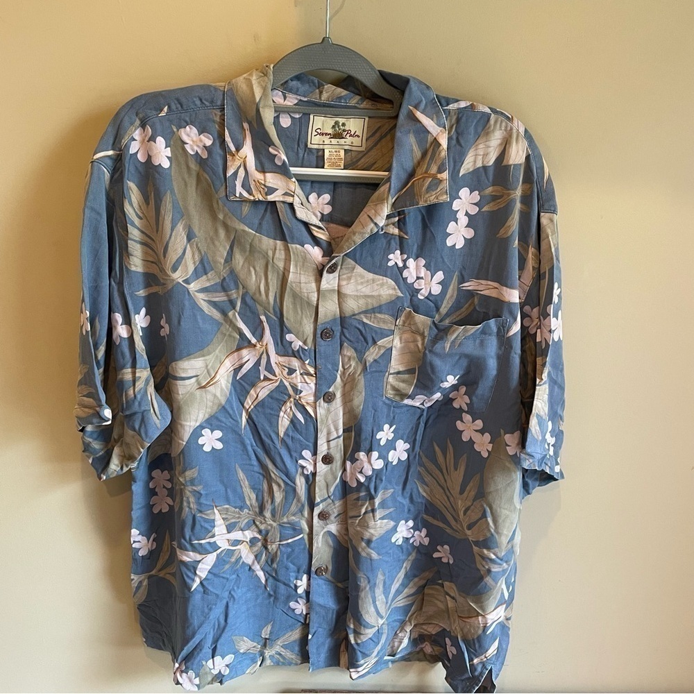 Seven Palm Hawaiian Shirt 100% Silk Size XL Green Tiki Hula Volcano Floral